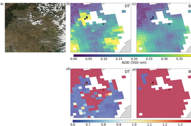Figure 3. (a, b, c) True color image of MODIS Aqua overpass near the border area of Minnesota and North and South Dakota, USA, on 10DTJuly 2015 (a), AOD retrievals computed with DT (b, d), and BAR (c, e) algorithms