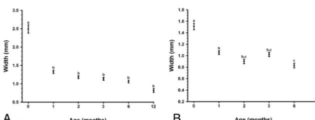 Fig 4. Comparison of the right and left proximal (A) and distal (B) coronal suture widths over a 1-year-period
