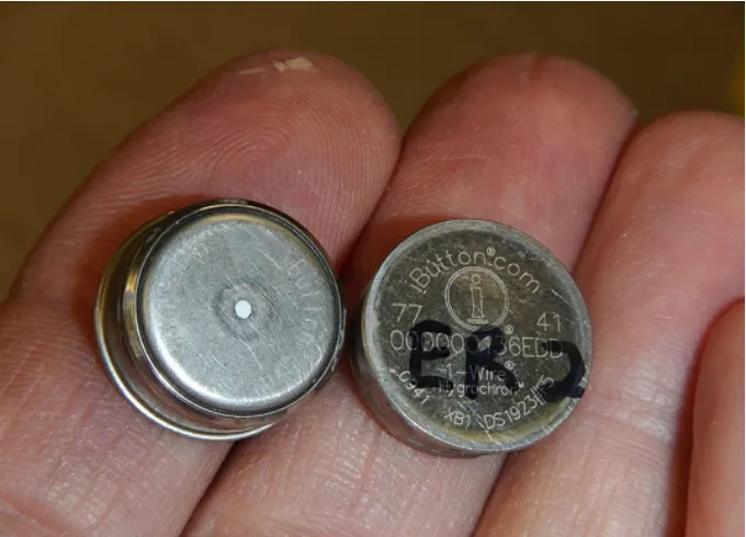Figure 2. iButtons showing the RH-monitoring hole.