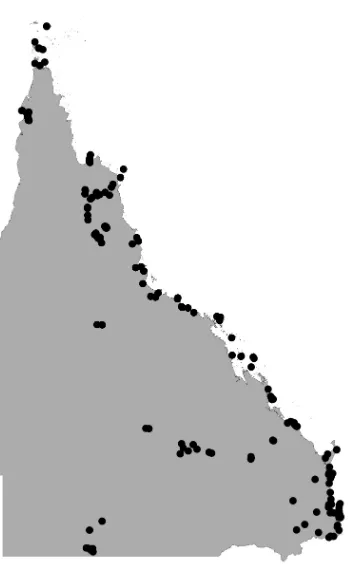 Figure 2. Distribution of dated archaeological sites in Queensland included in the Index