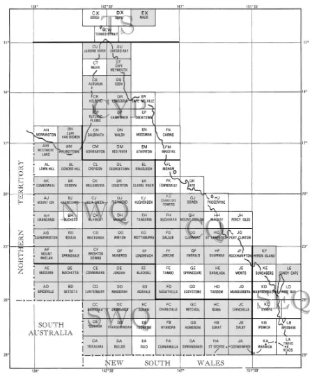 Figure 3. 1:250,000 map sheets with superimposed regions used to structure geographical informationin the sites occur on that map sheet