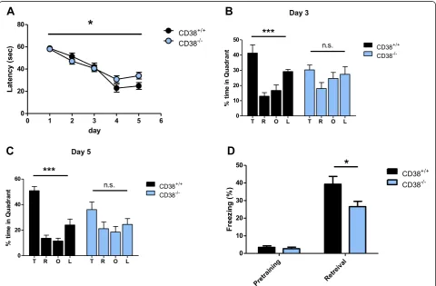 Fig. 1 CD38−/− mice show impaired hippocampus-dependent learning and memory. a The learning curve during 5 training days of the Morriswater maze task showing the latency for the mice to reach the target platform