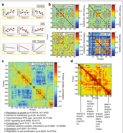 Fig. 4 Protein co-expression analysis. a Schematic, hypothetical example of differential protein correlation: Proteins A to D exhibit a certaincorrelation pattern in control samples (top row) and a different pattern in AD samples (middle row)