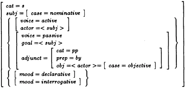 Figure 2: Disjunctive specification containing non-local values, using the notation of FUG
