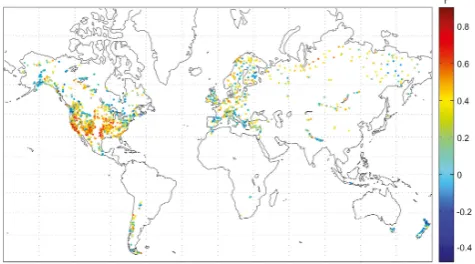 Fig. 1. Locations of the 2287 tree-ring width chronologies(TRWITRDB) and the correlation coefﬁcients between TRWITRDBand TRWVSL for 1901–1970.