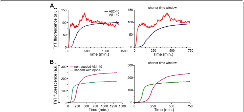 Fig. 5 Aβ2-40 shows increased aggregation propensity and could seed the aggregation of non-truncated Aβ