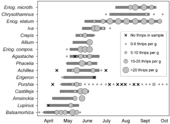 Figure 1. Flowering periods (shaded bars) of selected WFT  host plants based on the Durey and Hambleton sites near Tieton, WA, and densities of WFT in pre-bloom, bloom, and post-bloom collections