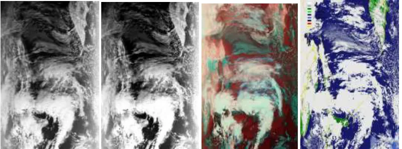 Figure 2. The processing result of a MODIS image on 01:15 UTC, 01/01/2011 (left: HE; middle-left: improved HE; middle-right: false color synthesis; right: object (clouds) segmentation)