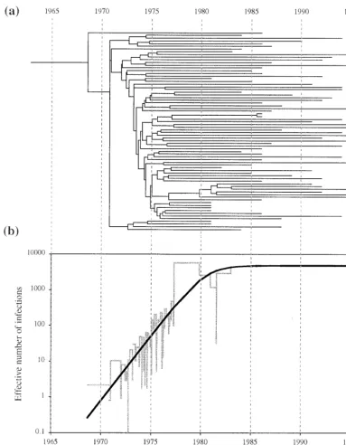 FIG. 4. Population growth history analysis of U.S. subtype B gp160 sequences using the TipDate and Genie programs