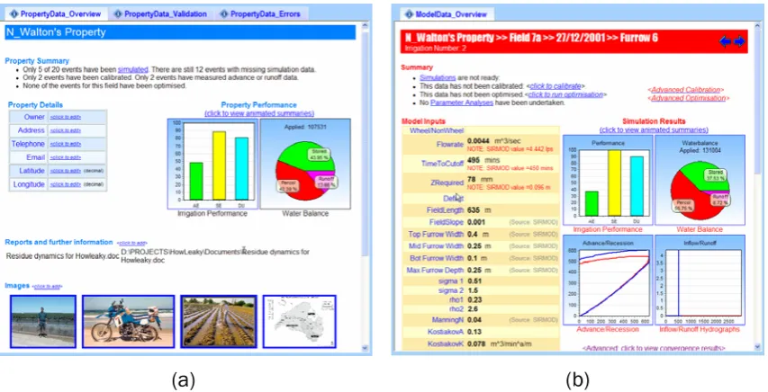 Figure 7.15: Sample database reports displayed in the database-reporting window. (a) Property record report showing property statistics, and linked images