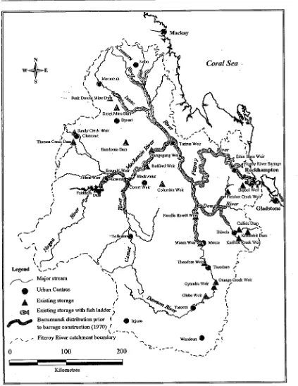 Figure 2.2  Historical distribution of barramundi in the Fitzroy River system in Queensland