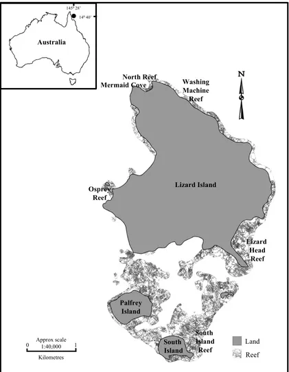 Figure 2.1.   A map of Lizard Island showing the location of study sites. 