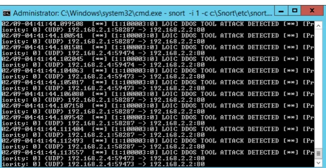 Figure 7. Snort detecting LOIC attacks. 