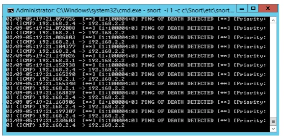 Figure 8. Snort detecting POD attacks. 