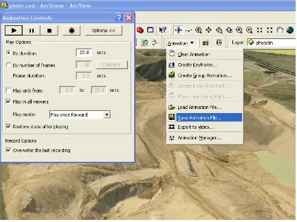 Figure 14 : View from ArcScene showing animation controls and animation pull down menu