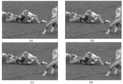 Figure 3. Subjective visual comparison of the 59th frame of football sequence (a) Original frame (b) Non-adaptive frame (29.26dB) (c) Variance adaptive frame (30.26dB) (d) This program (31.23dB)
