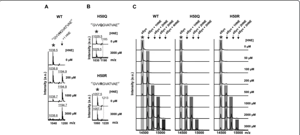 Figure 1 HNE modification of WT and H50 mutant aSyn. A)24 h was digested by GluC in order to measure HNE modification of the H50 containing peptide Recombinant WT aSyn treated with different concentrations of HNE (0 - 3000 μM) for 47GVVHGVATVAE57 by MALDI-
