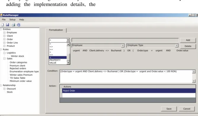 Fig.  6. The editor for the formalized description of an “if…then” rule  As shown in figure 6, the introduction of any 
