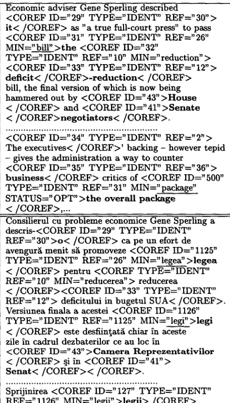 Table 3: Example of parallel English and Romanian text annotated for coreference. The elements from a 