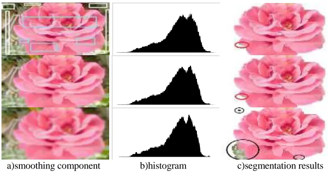 Figure 1. The smoothing components, histograms, and segmentation results. From top to bottom, 0,2,10 iterations are performed
