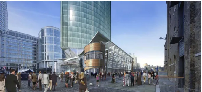Fig 4: View of the ‘Pavilion’ base building from West India Quay 