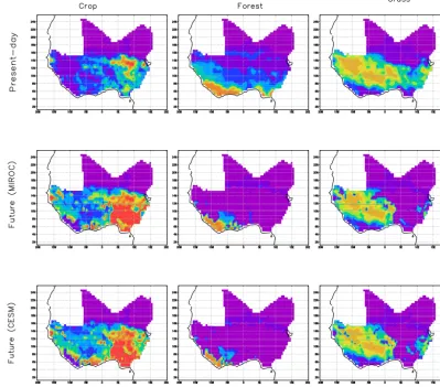Figure 1. Spatial distribution of cropland, forest, and grass coverage (%) in 14 West African countries from present-day (year 2005) obser-vation (top row panels) and future projections by the LandPro for mid-21st century under regional climates driven with two GCMs: MIROC(middle row panels) and CESM (bottom row panels).