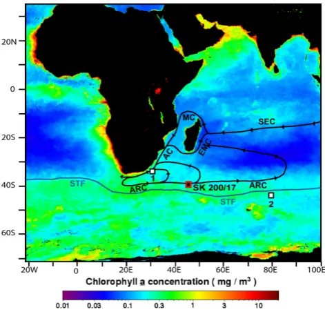 Fig. 1. The location of core SK 200/17 is marked with a redsquare. The surface circulation in this region, which includes theSouth Equatorial Current (SEC), Mozambique Channel (MC), EastMadagascar Current (EMC), Agulhas Current (AC) and AgulhasRetroﬂection