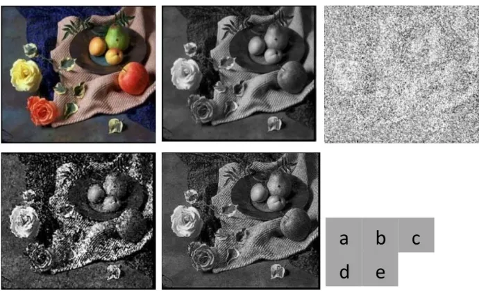 Figure 2: (a) Shows Original Image (b) Conversation from color to Gray (c) Salt & pepper 90% (d) effect after Median filter (d) Reconstruction of image with proposed method