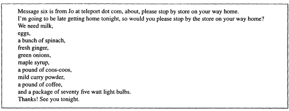 Figure 1. Text of a sample message. The subject's list of questions included "What items are you supposed to pick up at the store?" 