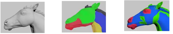 Figure 2. Horse’s model before, the unified error segmentation method and the improved watershed algorithm segmentation comparison chart