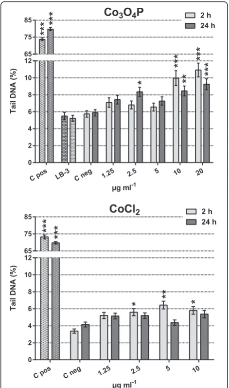 Fig. 4 Comet assay showed that poorly soluble Co(03O4P induceprimary DNA damage. At 2 h exposure, the primary DNA damageexerted by Co3O4P was dose dependent and, compared with C neg μg mL-1), only 10 and 20 μg mL-1 were statistically significant