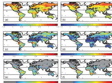 Figure 7. Mean of all models for the annual mean change in LAI over time (2081–2100) relative to current (1981–2000), normalized by eachgrid box for 1981–2000