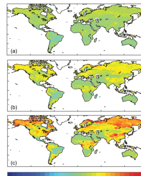 Figure 1. Mean of all models for the annual mean change inLAI (m2 m−2) over time relative to current (1981–2000) for 2011–2030 (a), 2041–2060 (b) and 2081–2100 (c) for RCP8.5.