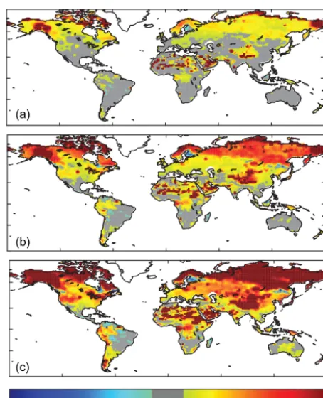 Figure 2. Mean of all models for the annual mean change inLAI over time relative to current (1981–2000), normalized by eachmodel’s current (1981–2000) standard deviation at each grid point,for 2011–2030 (a), 2041–2060 (b) and 2081–2100 (c) for RCP8.5.