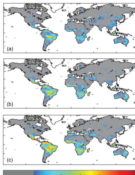 Figure 4. Mean of the models for the fraction of the time duringwhich the annual mean LAI is considered “Low” (model projectedannual mean LAI is less than 1 standard deviation of the currentmean at each gridbox) is shown for 2011–2030 (a), 2041–2060 (b)and