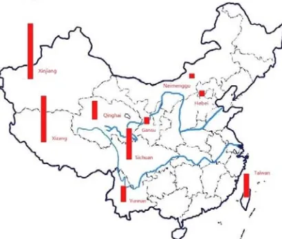 Figure 3. The distribution of frequent of earthquake prone provinces in China. 