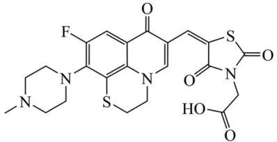 Figure 1. Structure of 6-fluoro-7-(4-methylpiperazin-1-yl)-8,1-(thioethylene)-1,4-dihydro-4-oxo-3-[5-(3-car-boxymethyl-2,4-thiazolidinedione) ylidene]-quinoline.