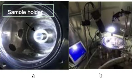 Figure 1. The set-up of laser heating system a) sample holder with gas lowing exit, b) heating system showing a sample is melting