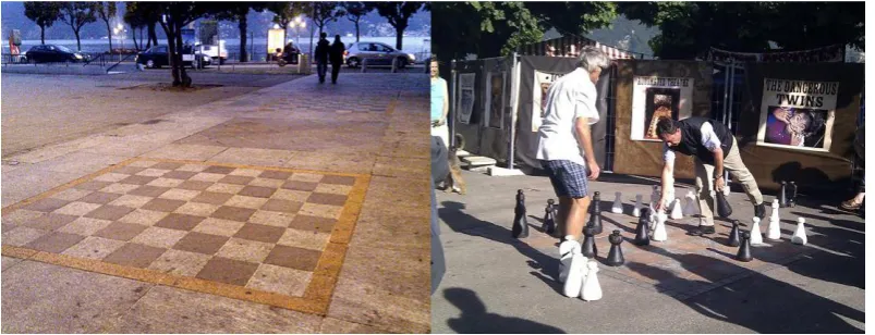 Figure 1: City as pop-up game: an urban chess board placed in a square, waiting to pop-up into a gamespace