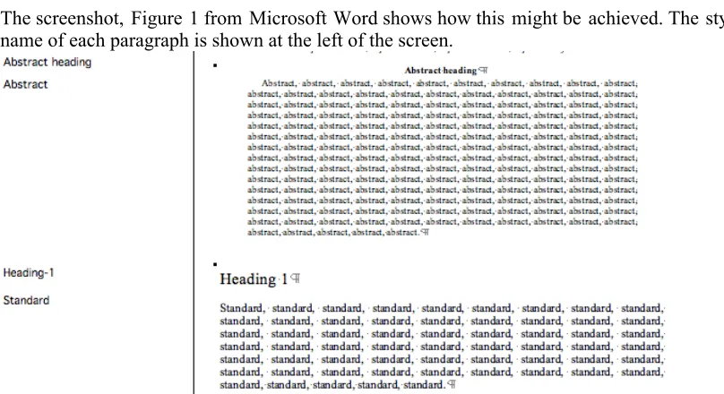 Figure 1:Screenshot showing styles used for editing a document in Microsoft Word. Style names show at the left of the screen