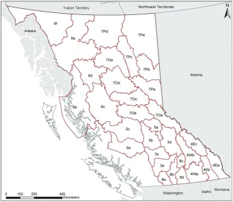 Fig. 1. Game Management Zones (n = 31) with licenced moose hunting from 1996-2015 in British Columbia, Canada