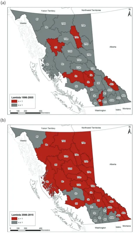 Fig. 2. Population rate of change (λ) in 31 Game Management Zones having licenced moose hunting seasons from 1996–2005 (a.) and 2006–2015 (b.); λ values < 1 are highlighted in burgundy and values ≥1 in gray
