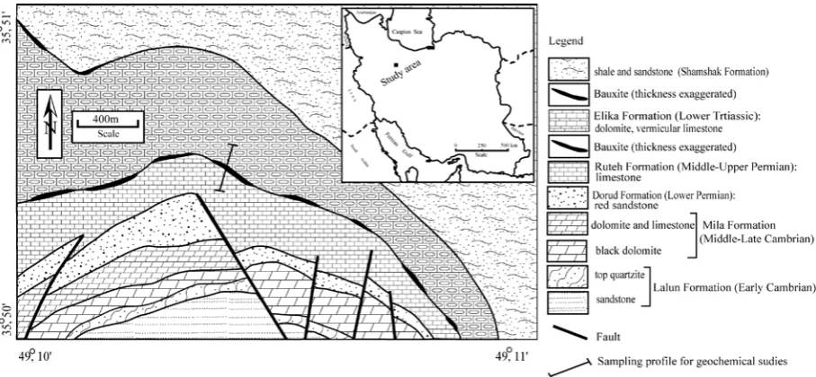 Figure 1. A geologic map illustrating the position of Biglar Permo-Triassic bauxite lenses