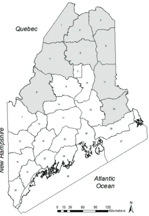 Fig. 1. Maine Wildlife Management Districts (shaded) used for double-count aerial surveys and sex-age composition surveys during winters 2011 and 2012, northern Maine, USA.