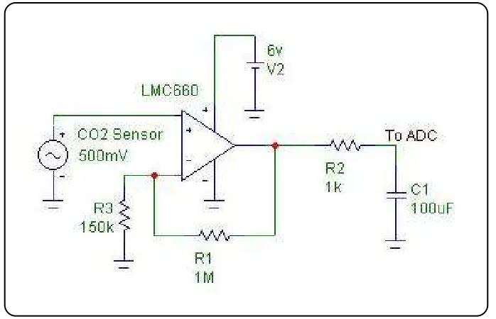 Figure 3.5: MG811 CO2 sensor connections to LMC660CN op-amp.