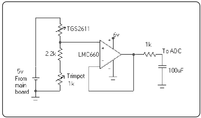 Figure 3.6: TGS2611 CH4 sensor connections to LMC660CN op-amp.