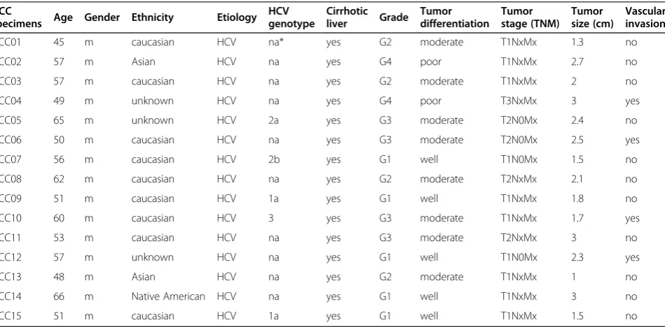 Table 1 Summary of the patient demographics, clinical and pathologic features of the HCC specimens