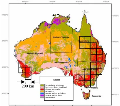 Figure 1:  Current land cover map of Australia showing major cleared and forested areas