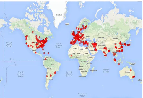 Figure 2. (Red circles) graphical location of all institutions 