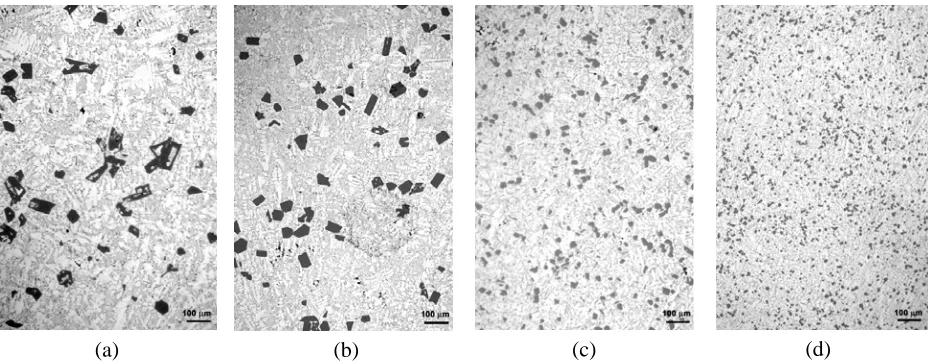 Figure 1.—As-cast microstructures of the samples without (a and b) and with (c and d) AlP refinement, (a and c) were with low cooling rate; and (b and d) were with high 